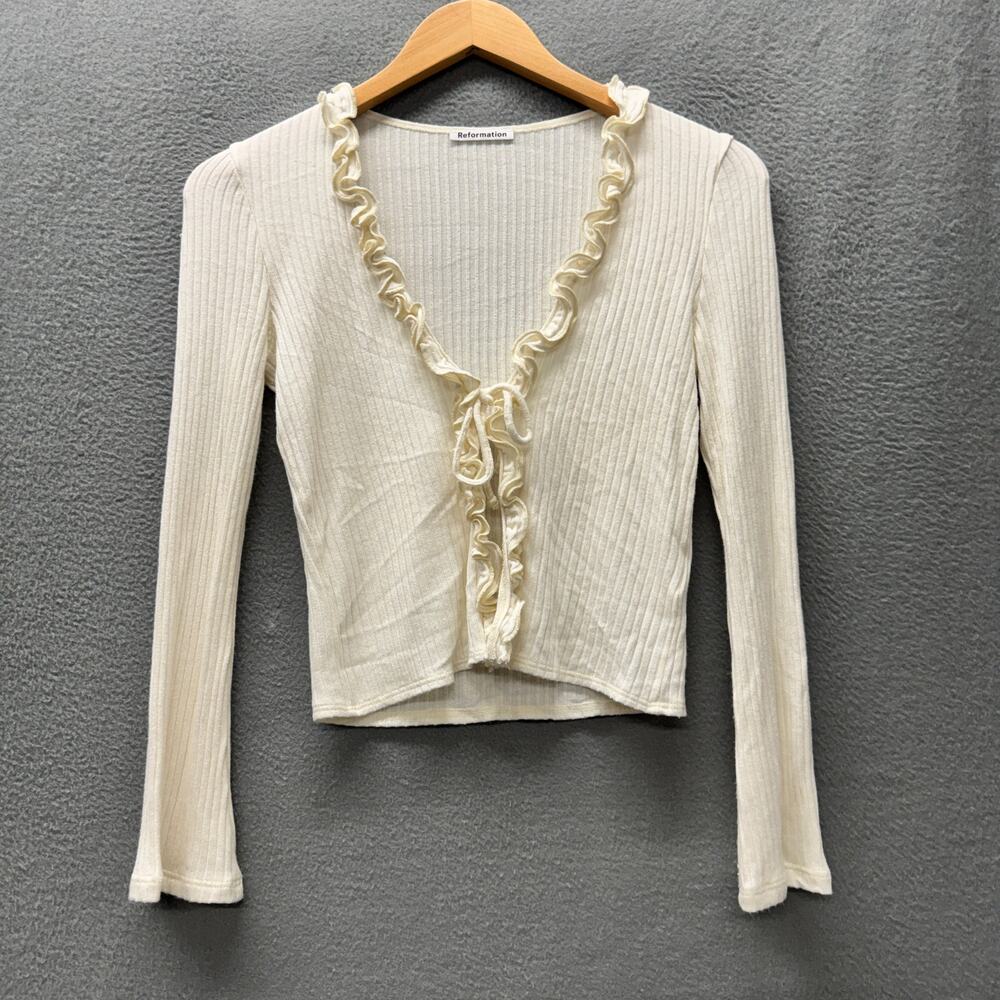 Reformation Gellar Ruffle Top Cream Boho Low V-Neck Tie Front Womens Small S